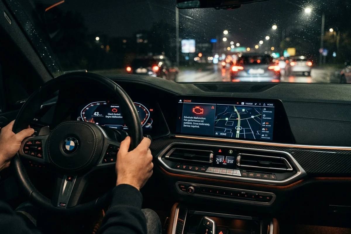 Kritické kontrolky BMW: Kompletní průvodce, jak předejít zničení motoru 3 Detailní pohled na varovnou zprávu o poruše motoru na displeji systému BMW iDrive
