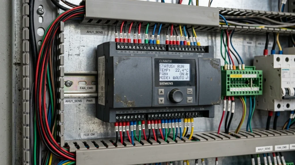 Elektronická řídící jednotka Siemens Climatix se zapojenou kabeláží a stavovým displejem
