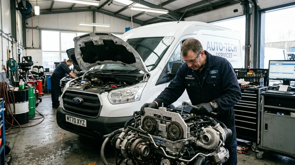 Mechanik v autoservisu kontroluje rozvodovy remen v oleji u Ford Transit 2.0 EcoBlue