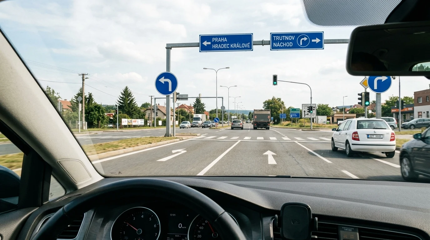 Dopravní značka Každý / Jiný směr jízdy: Význam a pravidla | AutoMACH.cz 1 Pohled z automobilu na křižovatku s modrými příkazovými značkami určujícími směr jízdy